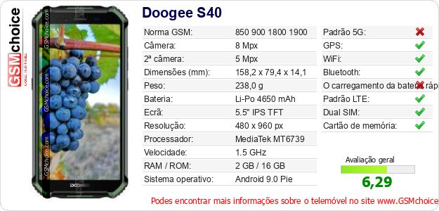 Doogee S40 Especificações técnicas do telemóvel Doogee S40 Especificações técnicas do telemóvel