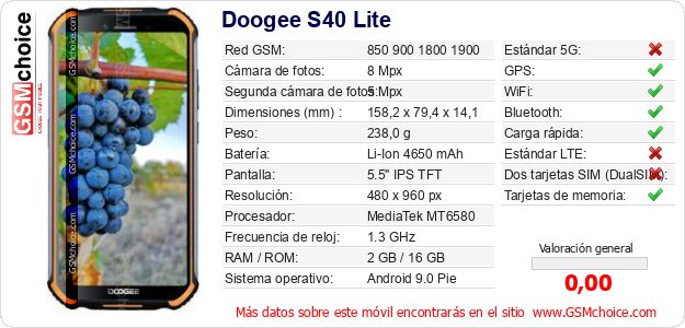 Doogee S40 Lite Datos técnicos del móvil 