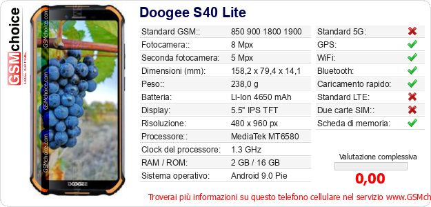 Doogee S40 Lite Dati tecnici di telefono cellulare 