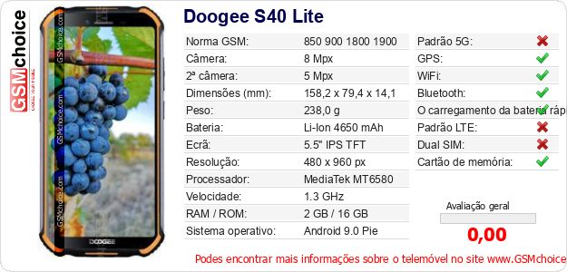 Doogee S40 Lite Especificações técnicas do telemóvel 