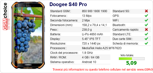 Doogee S40 Pro Dati tecnici di telefono cellulare 