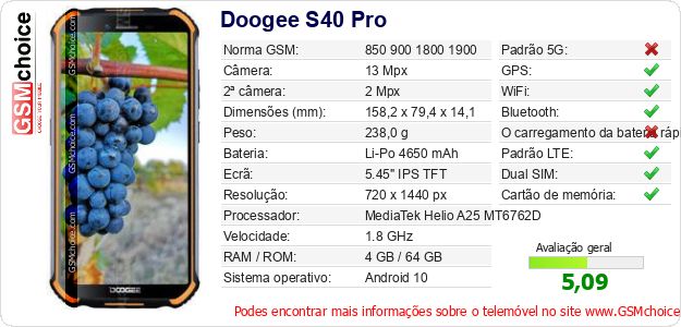 Doogee S40 Pro Especificações técnicas do telemóvel Doogee S40 Pro Especificações técnicas do telemóvel