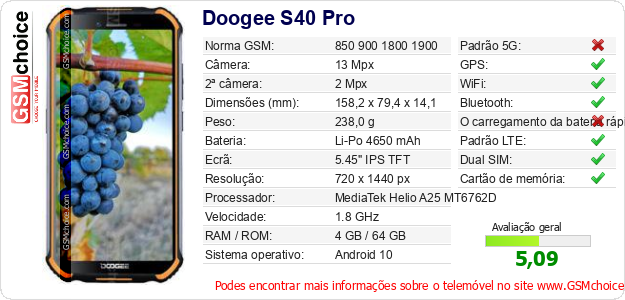 Doogee S40 Pro Especificações técnicas do telemóvel Doogee S40 Pro Especificações técnicas do telemóvel