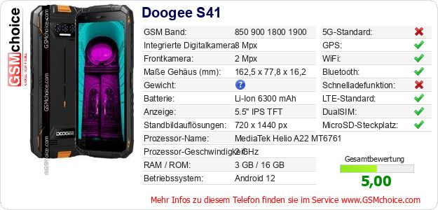 Doogee S41 technische Daten Doogee S41 technische Daten