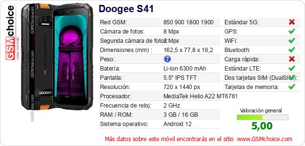 Doogee S41 Datos técnicos del móvil Doogee S41 Datos técnicos del móvil