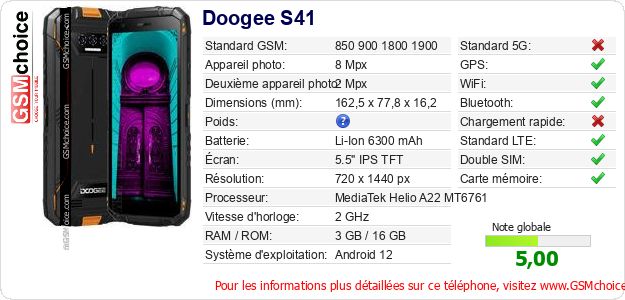 Doogee S41 Fiche technique Doogee S41 Fiche technique