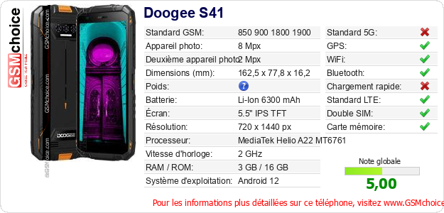 Doogee S41 Fiche technique Doogee S41 Fiche technique