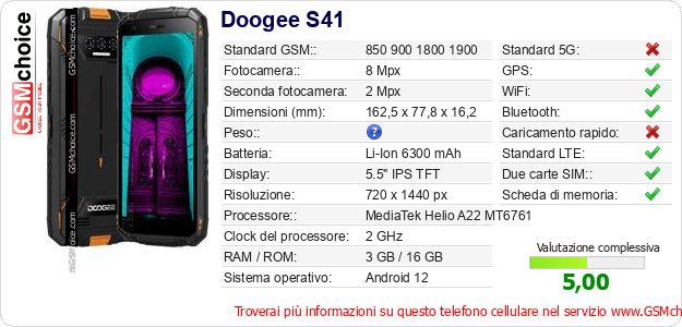 Doogee S41 Dati tecnici di telefono cellulare Doogee S41 Dati tecnici di telefono cellulare