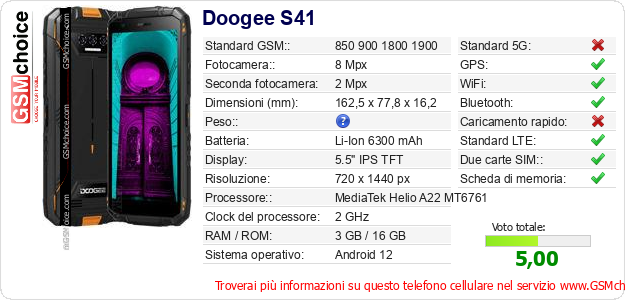 Doogee S41 Dati tecnici di telefono cellulare Doogee S41 Dati tecnici di telefono cellulare