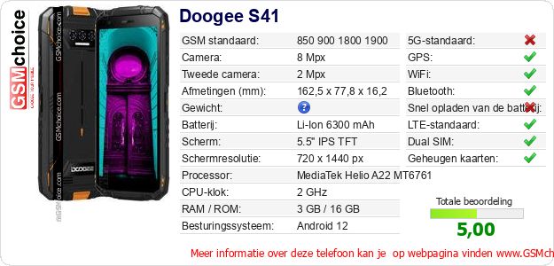 Doogee S41 Technische gegevens Doogee S41 Technische gegevens