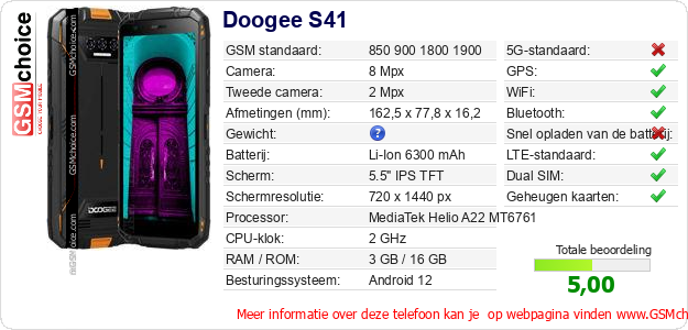 Doogee S41 Technische gegevens Doogee S41 Technische gegevens
