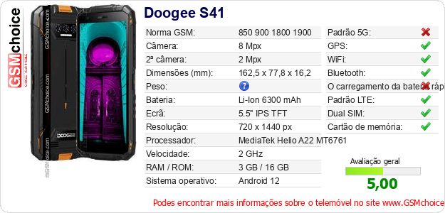 Doogee S41 Especificações técnicas do telemóvel Doogee S41 Especificações técnicas do telemóvel