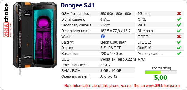 Doogee S41 手機技術數據