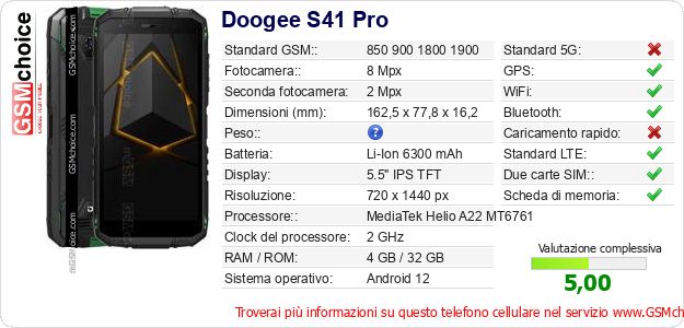 Doogee S41 Pro Dati tecnici di telefono cellulare 