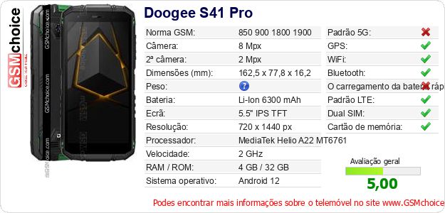 Doogee S41 Pro Especificações técnicas do telemóvel Doogee S41 Pro Especificações técnicas do telemóvel