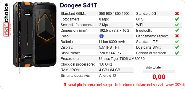 Doogee S41T Dati tecnici di telefono cellulare 
