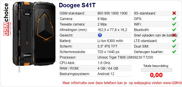 Doogee S41T Technische gegevens Doogee S41T Technische gegevens