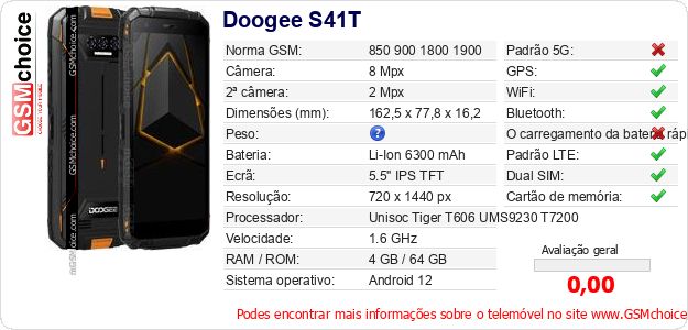 Doogee S41T Especificações técnicas do telemóvel Doogee S41T Especificações técnicas do telemóvel