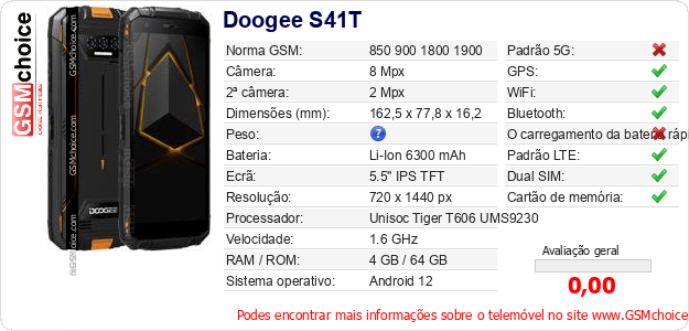 Doogee S41T Especificações técnicas do telemóvel Doogee S41T Especificações técnicas do telemóvel