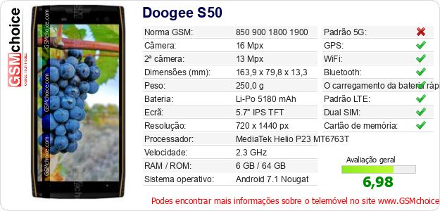 Doogee S50 Especificações técnicas do telemóvel Doogee S50 Especificações técnicas do telemóvel