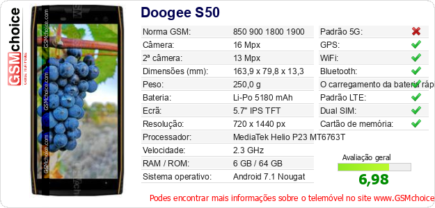 Doogee S50 Especificações técnicas do telemóvel 