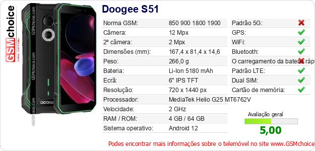 Doogee S51 Especificações técnicas do telemóvel Doogee S51 Especificações técnicas do telemóvel