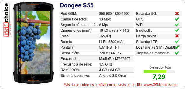 Doogee S55 Datos técnicos del móvil 
