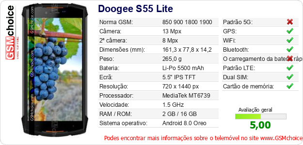 Doogee S55 Lite Especificações técnicas do telemóvel 