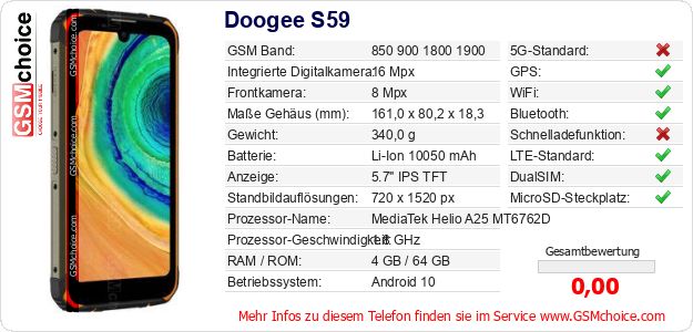 Doogee S59 technische Daten Doogee S59 technische Daten