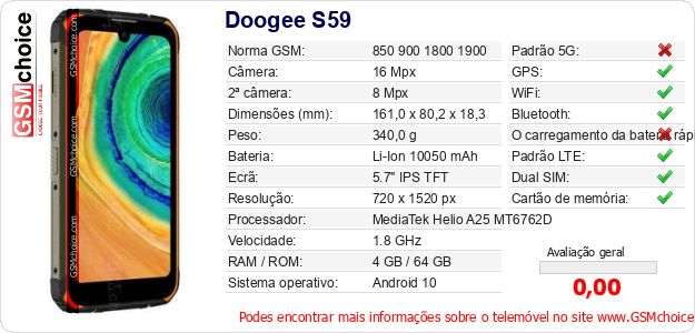 Doogee S59 Especificações técnicas do telemóvel Doogee S59 Especificações técnicas do telemóvel