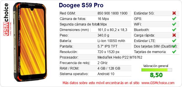 Doogee S59 Pro Datos técnicos del móvil 
