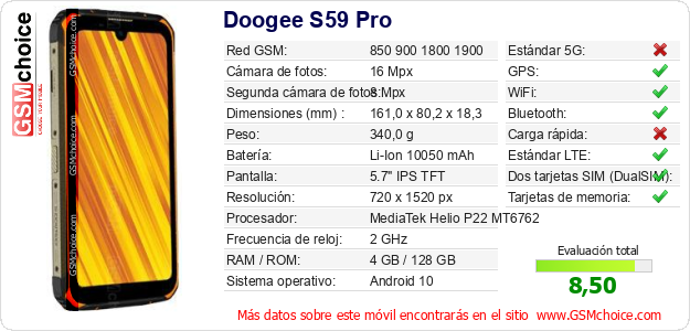 Doogee S59 Pro Datos técnicos del móvil Doogee S59 Pro Datos técnicos del móvil