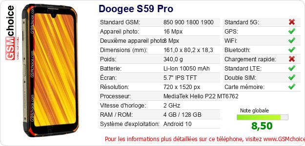 Doogee S59 Pro Fiche technique