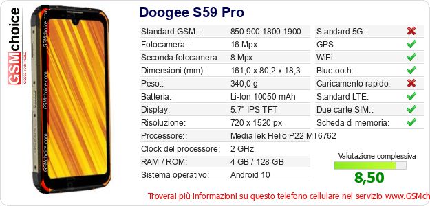 Doogee S59 Pro Dati tecnici di telefono cellulare 