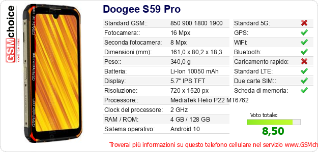 Doogee S59 Pro Dati tecnici di telefono cellulare 