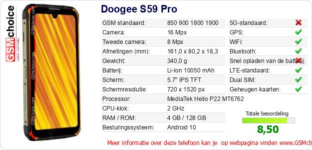 Doogee S59 Pro Technische gegevens Doogee S59 Pro Technische gegevens