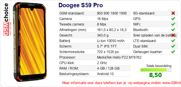 Doogee S59 Pro Technische gegevens Doogee S59 Pro Technische gegevens
