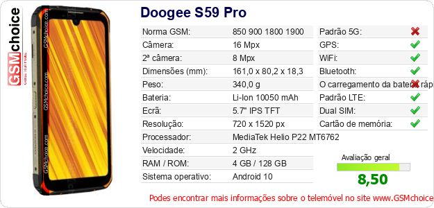Doogee S59 Pro Especificações técnicas do telemóvel 