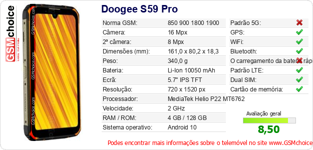 Doogee S59 Pro Especificações técnicas do telemóvel 