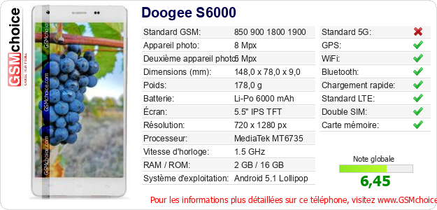 Doogee S6000 Fiche technique