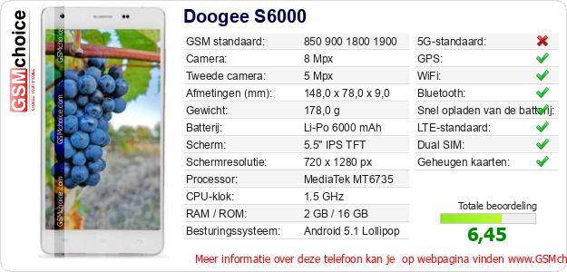 Doogee S6000 Technische gegevens 