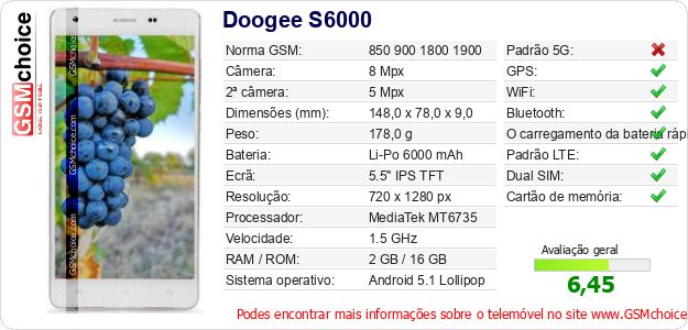 Doogee S6000 Especificações técnicas do telemóvel 