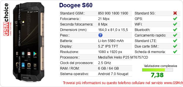 Doogee S60 Dati tecnici di telefono cellulare Doogee S60 Dati tecnici di telefono cellulare