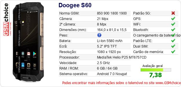 Doogee S60 Especificações técnicas do telemóvel 
