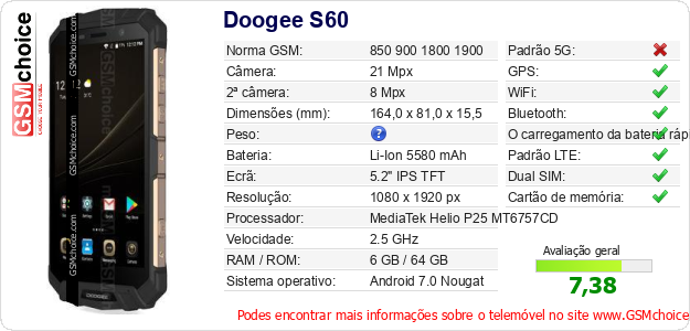 Doogee S60 Especificações técnicas do telemóvel 