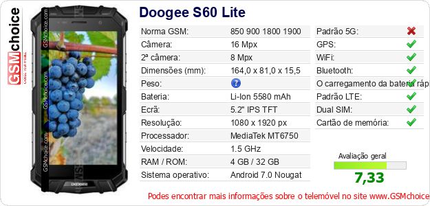 Doogee S60 Lite Especificações técnicas do telemóvel Doogee S60 Lite Especificações técnicas do telemóvel