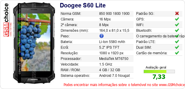 Doogee S60 Lite Especificações técnicas do telemóvel 