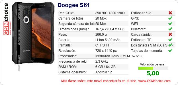 Doogee S61 Datos técnicos del móvil Doogee S61 Datos técnicos del móvil