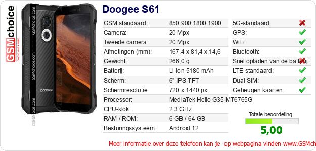 Doogee S61 Technische gegevens Doogee S61 Technische gegevens