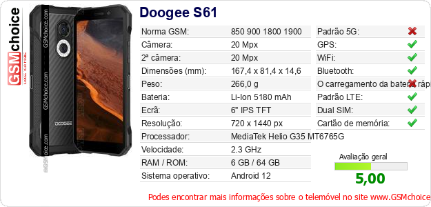 Doogee S61 Especificações técnicas do telemóvel Doogee S61 Especificações técnicas do telemóvel